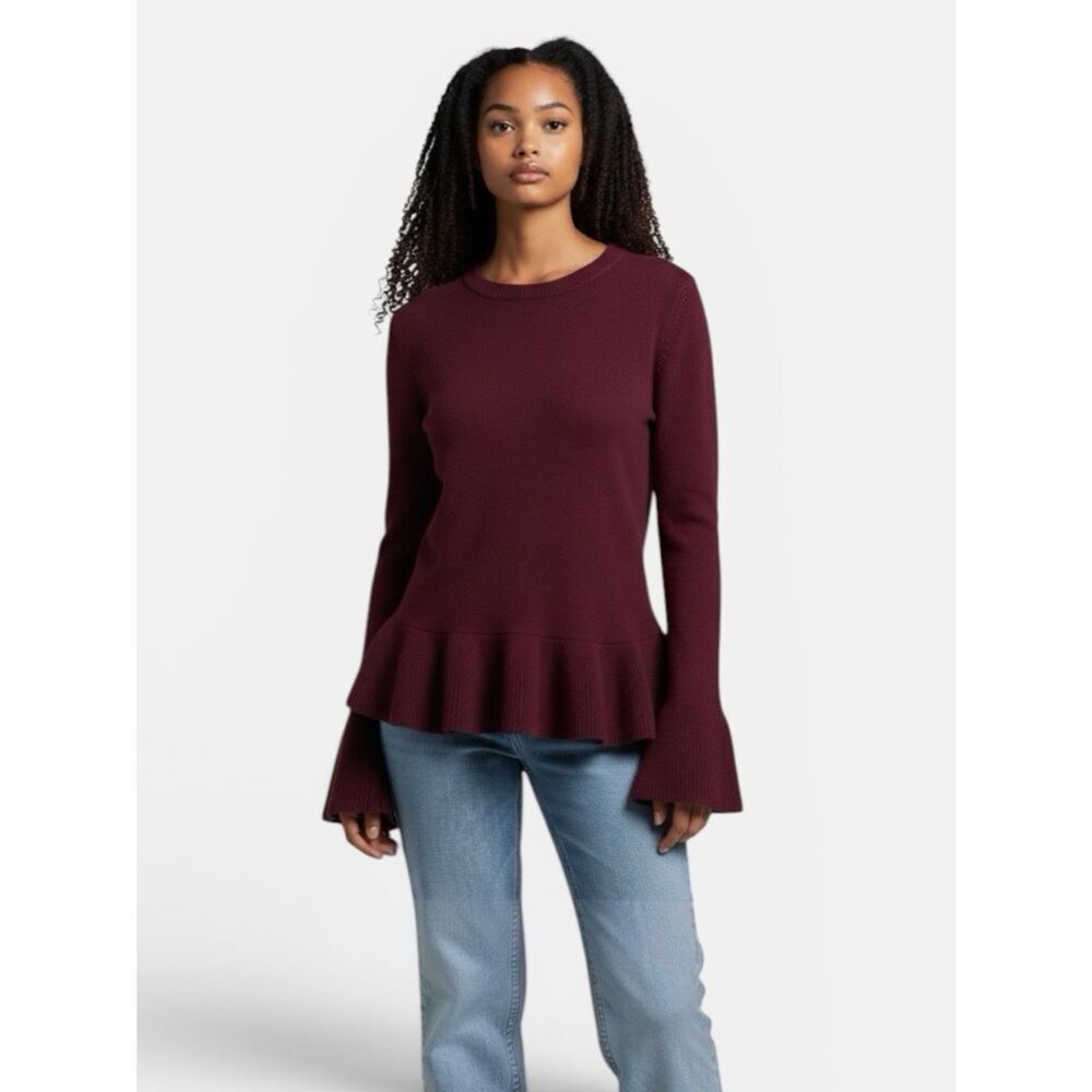 Lord & Taylor Burgundy Cashmere Sweater Ruffle Hem and Cuffs Crew Neck size S